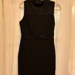Elizabeth and James Black Mock Neck Laser Cut and Mesh Detail Mini Bodycon Dress